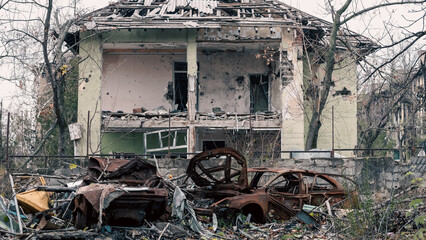destroyed and burned houses in the city in Ukraine