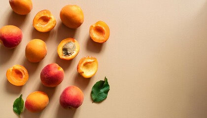a flat lay of apricots and peach halves on a pale background evoking a warm sunny atmosphere