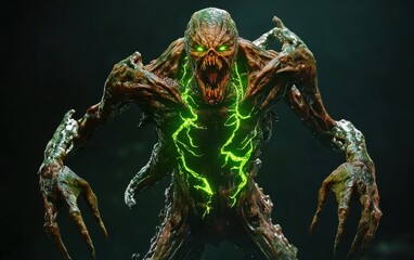 Naklejka premium A 3D model of a mutated creature with glowing green veins and sharp fangs against an abstract dark background. 
