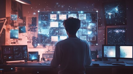 Man working on computer at night in office. Future technology concept. Double exposure.