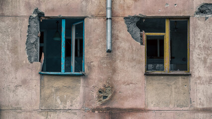 destroyed and burned houses in the city in Ukraine