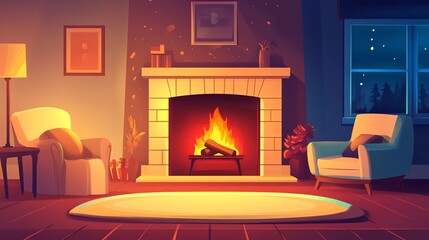 A cartoon illustration of a living room with a fireplace.