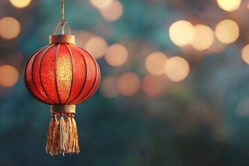 A single red paper lantern with delicate golden tassels, floating softly in front of a blurred festive background