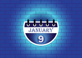 January 9 calendar sign on blue neon brick wall background. Flat design style. Date, day and month. Vector illustration.