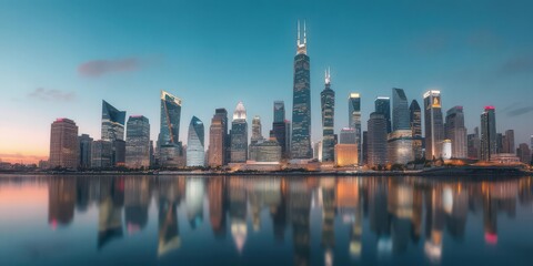 Obraz premium Futuristic city skyline with illuminated skyscrapers reflecting on calm water, design