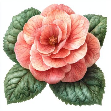 pink camellia flower green leaves isolated clip art preview