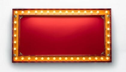 red retro billboard lightbox or blank shining signboard with yellow glowing neon light bulbs isolated on white wall background with shadow