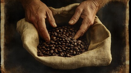 Obraz premium Artisanal coffee photography, hands scooping dark roasted beans, coarse linen bag texture, muted brown tones, rustic composition, traditional coffee processing, film grain effect