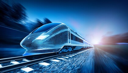 high speed bullet train displayed in digital wireframe on a vr railway track
