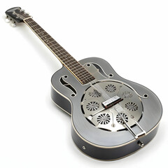 A steel-bodied resonator guitar with decorative sound holes