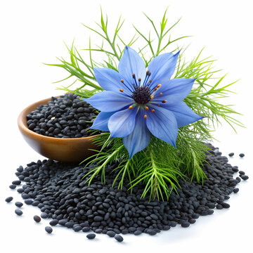 black cumin seeds with nigelia flower isolated on Transparent Background