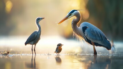 Naklejka premium birds standing in shallow water at sunrise