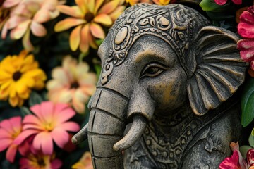 decorative elephant statue surrounded by vibrant flowers