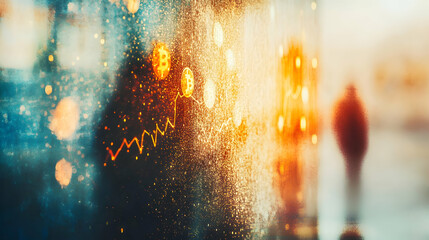 Fototapeta premium Abstract image depicting Bitcoin price fluctuations, visualized as a dynamic graph overlaid on a rain-streaked window, with blurred city lights in the background.