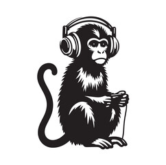 Monkey wearing headphone silhouette vector illustration
