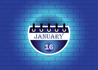 January 16 calendar sign on blue neon brick wall background. Flat design style. Date, day and month. Vector illustration.