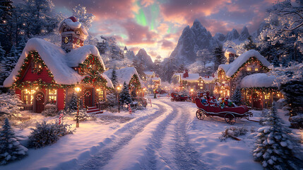 A Magical Christmas Village Nestled Among Snowy Mountains