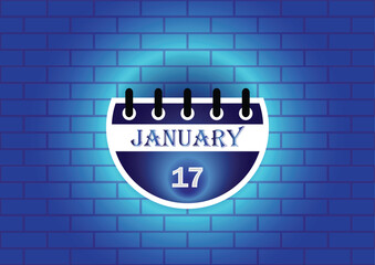 January 17 calendar sign on blue neon brick wall background. Flat design style. Date, day and month. Vector illustration.