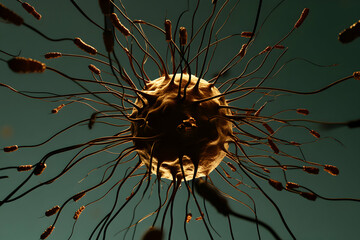Microscopic view of a cell with numerous appendages, possibly a virus or bacteria, detailed 3D render.  Ideal for medical, scientific, or educational purposes.