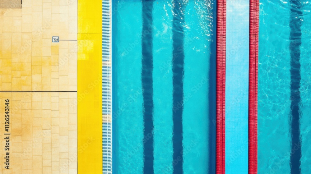 Poster top-down view of a colorful swimming pool featuring distinct lanes, surrounded by sunny tile, perfec