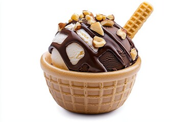 Delicious chocolate nut ice cream sundae gourmet dessert kitchen bright studio close-up indulgence and treats