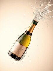 A festive celebration theme with a bottle of champagne popping open and creating a dramatic splash of bubbly, cheers