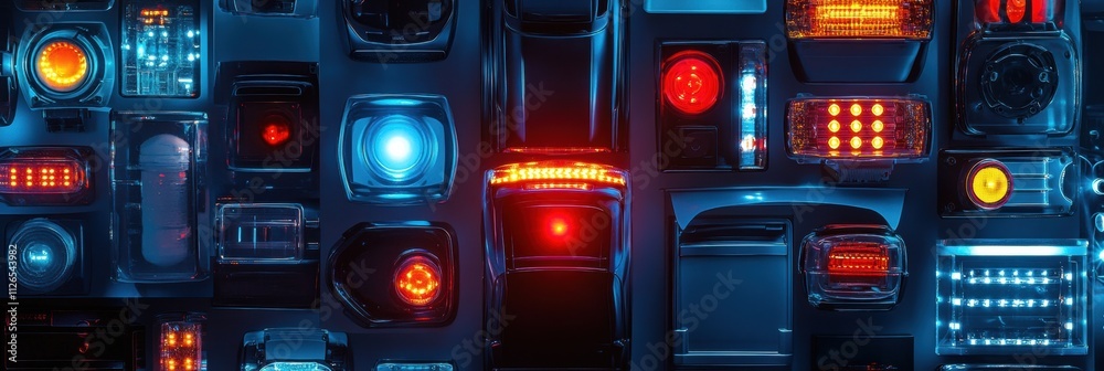 Aufkleber Colorful assortment of LED car headlights and tail lights is beautifully arranged for a striking visual display that includes ample copy space. Generative AI