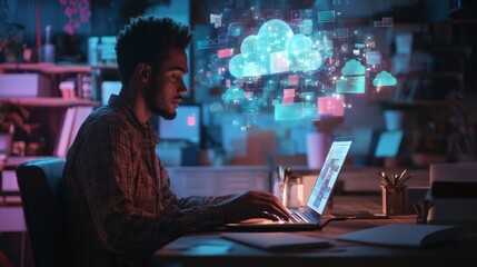 Man Typing Comfortably in Casual Setting with Digital Cloud Graphics