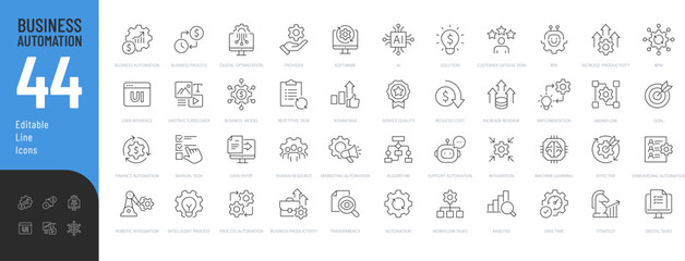 Business Automation Line Editable Icons set. Vector illustration in modern thin line style of technology related icons: optimization, robotic integration, business model, and more. Pictograms and inf