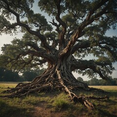 Obraz premium A large tree in the middle of an ancient battlefield, its roots entangled with old weapons.