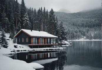Fototapeta premium Modern cabin by a serene lake in a snowy forest landscape