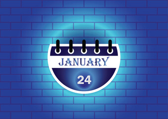 Obraz premium January 24 calendar sign on blue neon brick wall background. Flat design style. Date, day and month. Vector illustration.