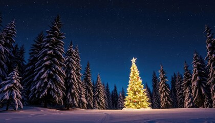 A beautifully lit Christmas tree stands in a snowy forest under a starry night sky.