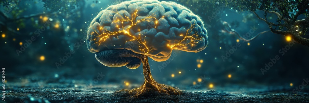 Fototapete A brain morphs into a tree, featuring luminous neural branches and roots, symbolizing the interconnection of growth and knowledge. Generative AI