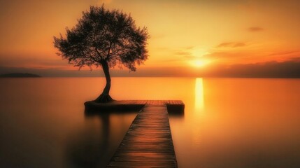 serene sunset over calm waters with a lone tree