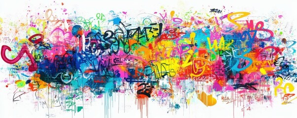 Fototapeta premium Colorful graffiti on a white background, with numerous vibrant tags and symbols. Street art background texture.