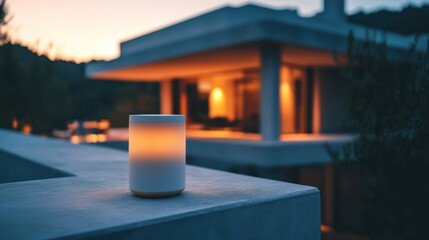 Sunset, modern house, lit candle.