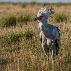 A secretary bird stalking through tall grass under a clear blue sky.