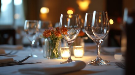 Elegant corporate event venue with sophisticated table settings and ambient lighting, highlighting a professional and upscale atmosphere.