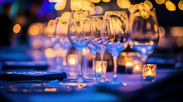 Elegant corporate event venue with sophisticated table settings and ambient lighting, highlighting a professional and upscale atmosphere.