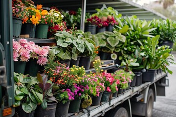 A truck full of potted plants for garden supplies. Generative Ai