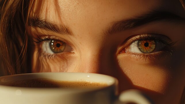 lifestyle photography, elegant hand gestures, white coffee cup macro detail, dramatic eye close-up, soft brown hair elements, natural window illumination, candid moment capture, film emulation