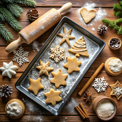 A table covered with flour, cookie cutters, and a rolling pin