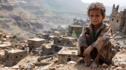 A boy in a desolate village overlooks rocky terrain; reflects somber tone. Sparse inhabitants suggest isolation.