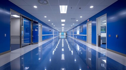 Naklejka premium Gleaming Blue Corridor: Modern Interior of a Clean, Bright Facility