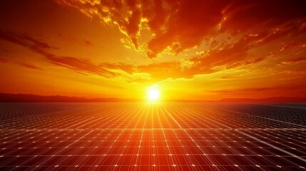 Panoramic View of Solar Farm at Sunset with Vibrant Sky Colors
