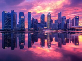 Fototapeta premium stunning city skyline at sunset with reflections