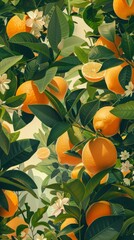 Digital illustration of lush orange trees with varying fruit counts showcased. Detail includes sliced oranges against a vibrant backdrop, conveying an inviting orange grove setting.