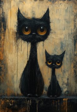 Illustration of black cats sitting on an abstract background.