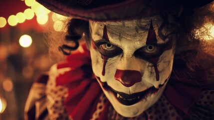 A frightening clown with white face paint and a menacing outfit, holds a knife in a dimly lit setting. The image evokes a disconcerting and eerie atmosphere.
